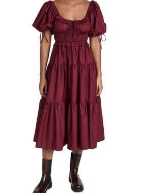En Saison Burgundy Puff Sleeve Tiered Midi Dress M